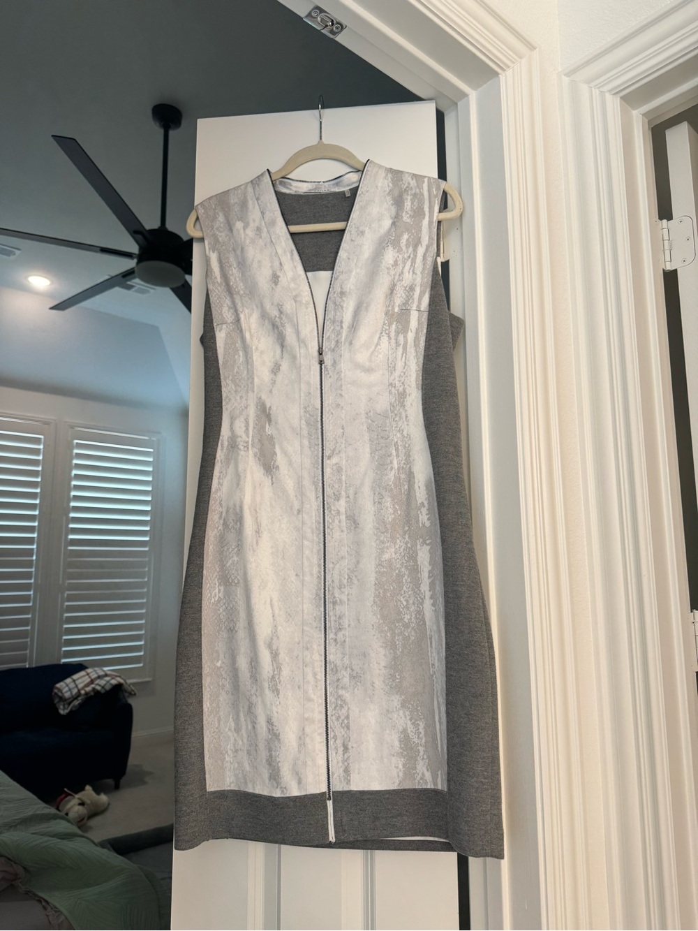 T Tahari Silver and Gray Zip-Front Sheath Dress
